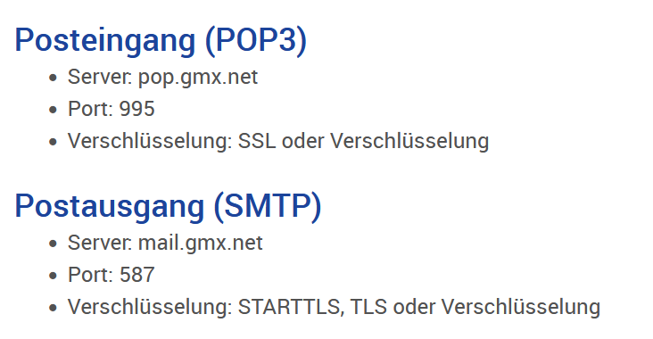GMX Mail POP3 uns SMTP Abrufinformationen