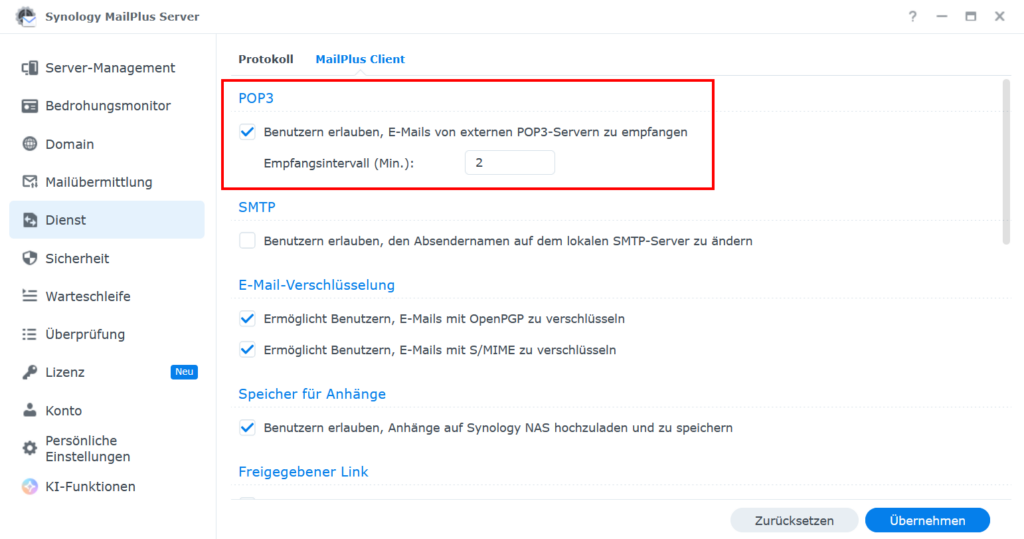 Synology MailPlus Server POP3 Einstellungen aktivieren