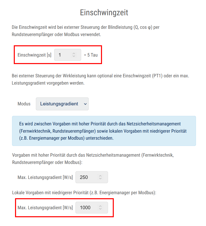 Kostal Parameter Einstellungen zur Einschwingzeit und Lesitungsgradienten