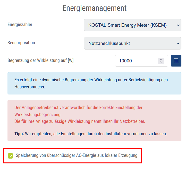 Kostal Energiemanagement: Überschüssige AC Energie laden