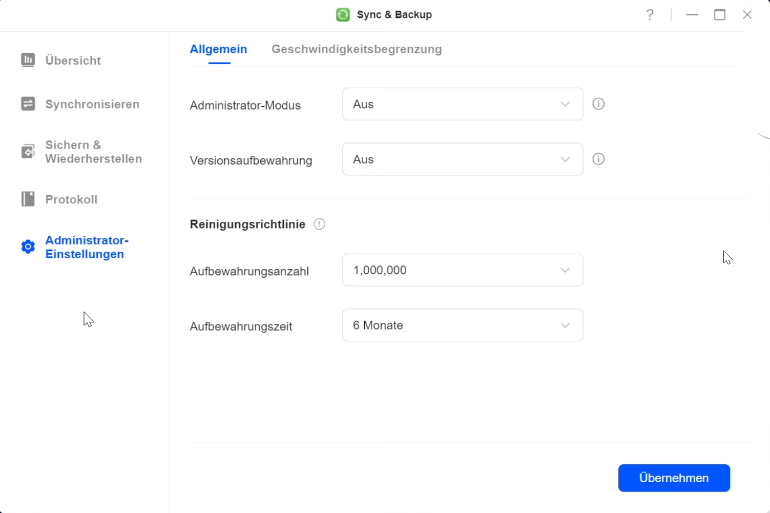 UGREEN NAS Sync & Bachup App Administrator Einstellungen