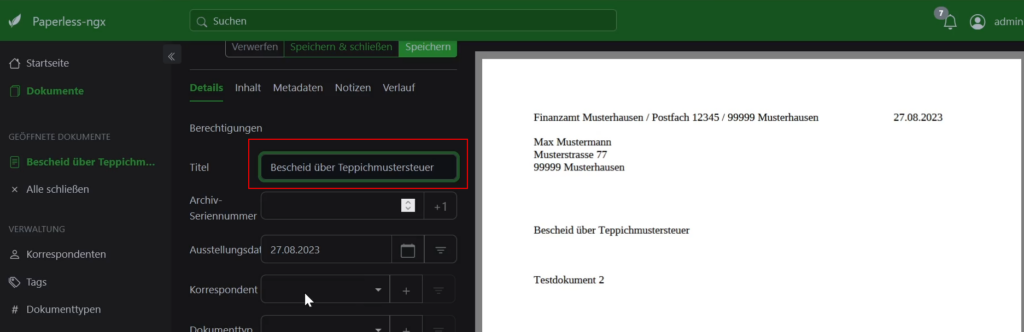 Paperless-ngx Vergabe eines aussagekräftigen Dokumentnamens