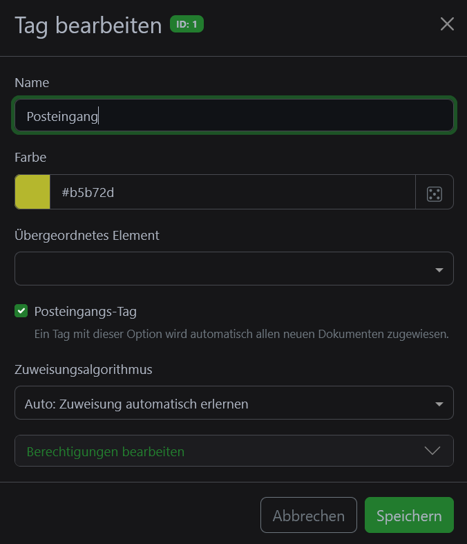 Paperless-ngx Posteingangs TAG erstellen