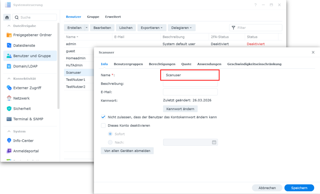 Paperless-ngx Scan-User auf der Synology anlegen