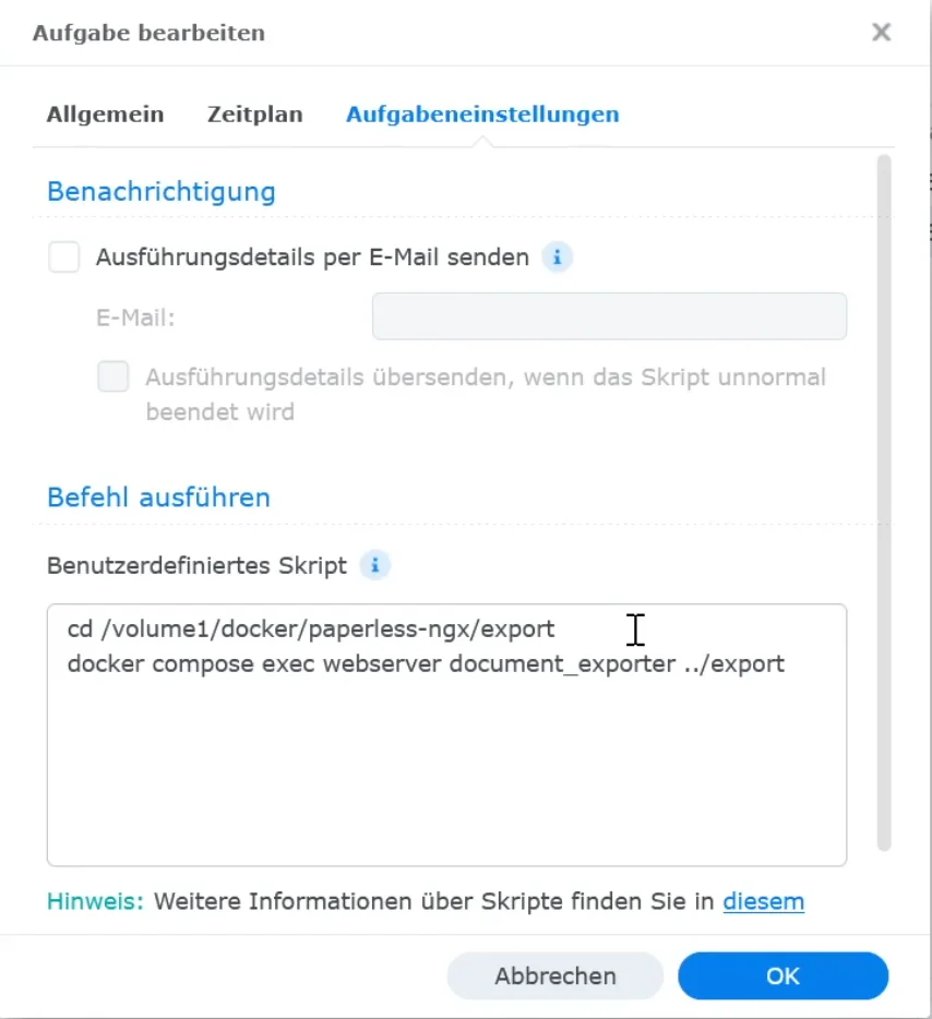 Paperless-ngx autoamisches Backup über Synology Task einrichten