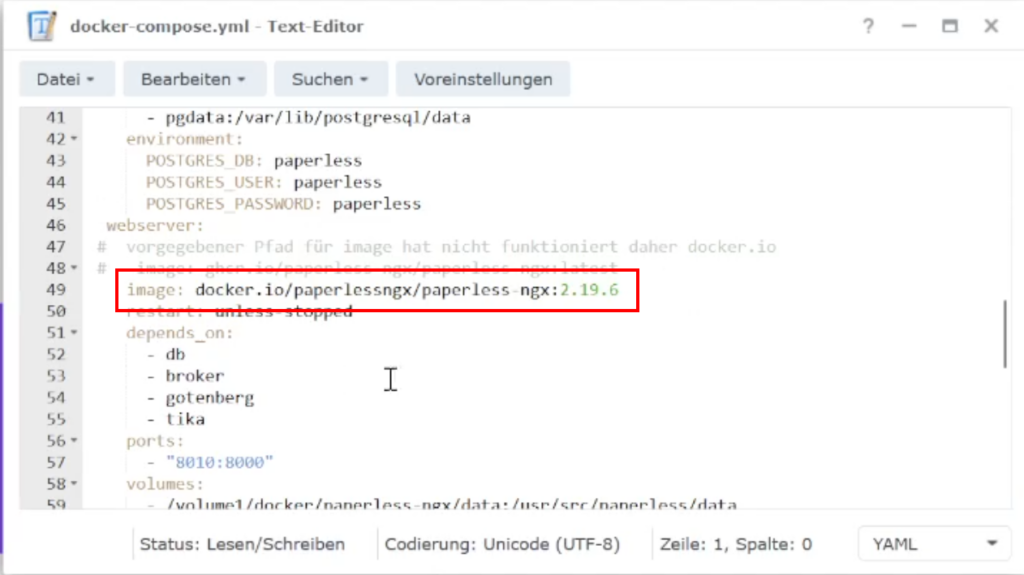 Paperlesss-ngx Update Versionsanpassung in Docker Compose Datei