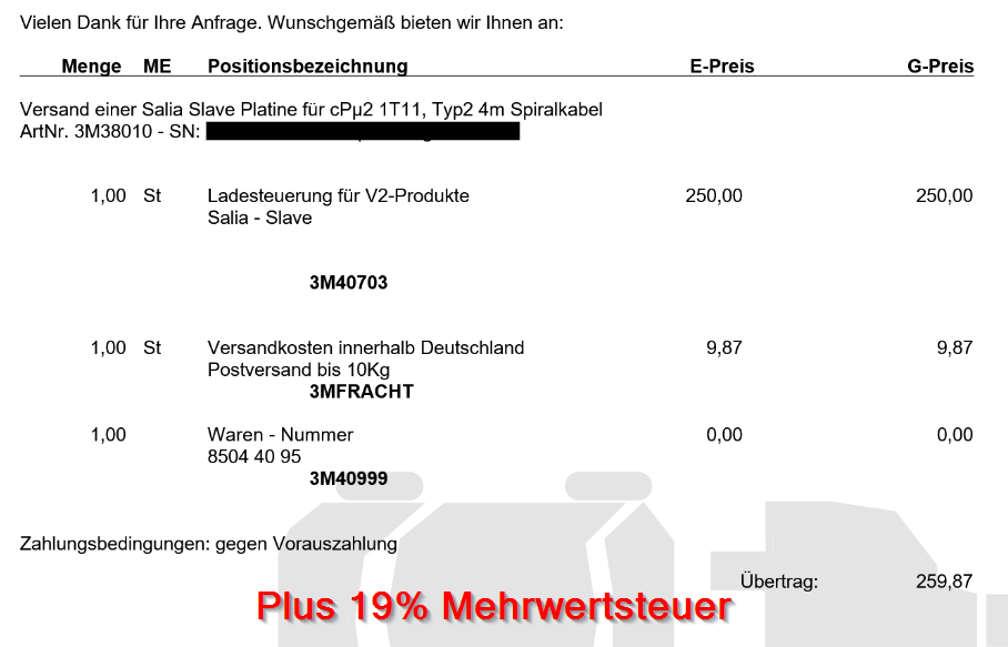 Auszug aus dem Angebot für die Ersatzplatine inklusive Porto