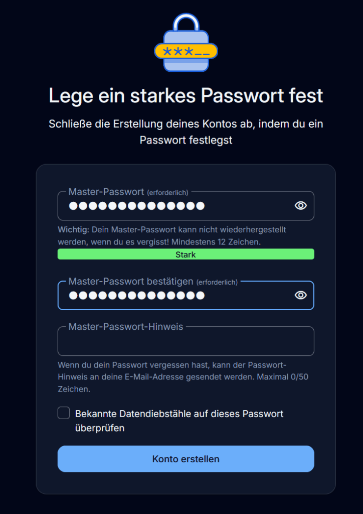 Vaultwarden: Passwort vergeben