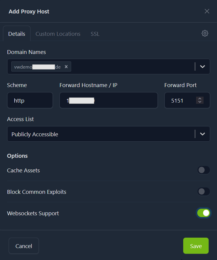 Nginx Proxy Manager: Vaultwarden Proxy Host anlegen