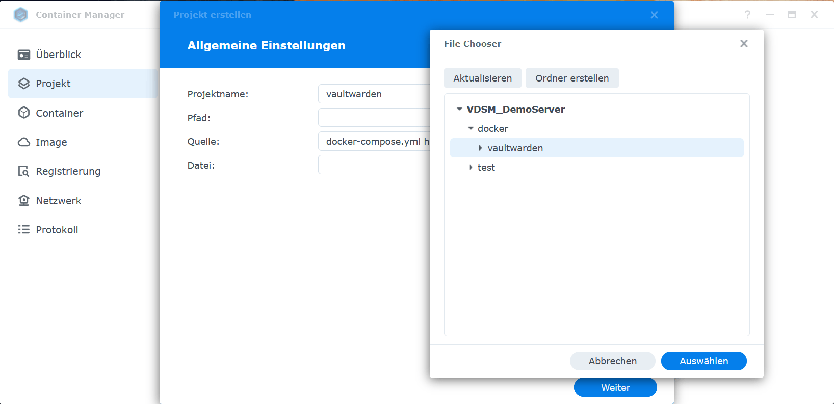 SYnology DSM: Vaultwarden Projekt im Container Manager anlegen