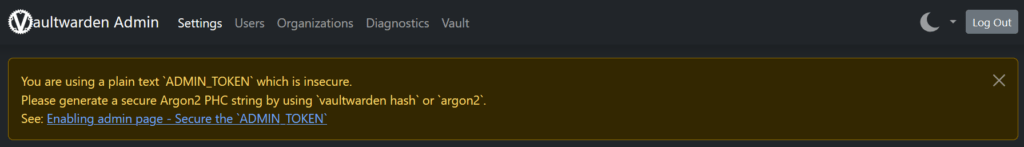 Vaultwarden Admin Panel: Sicherheitshinweis auf Plain Text admin token