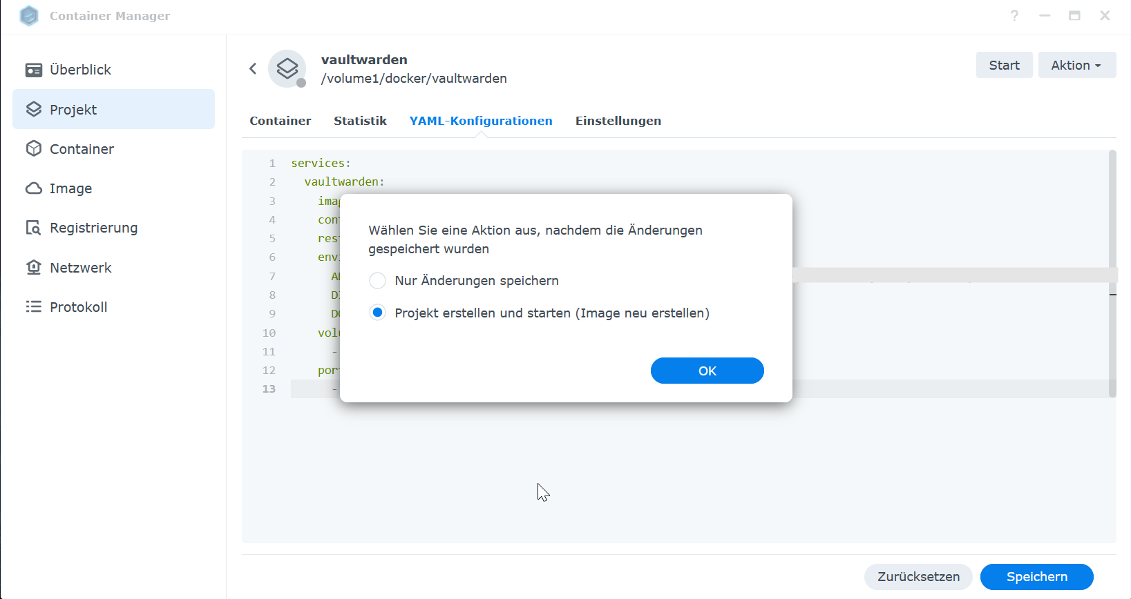 Synology Container Manager: Vaultwarden Container update