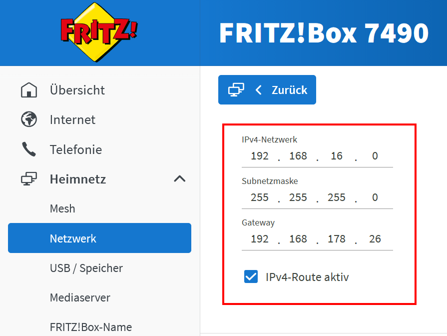 Fritz!Box - Netzwerkeinstellungen - Staische Route