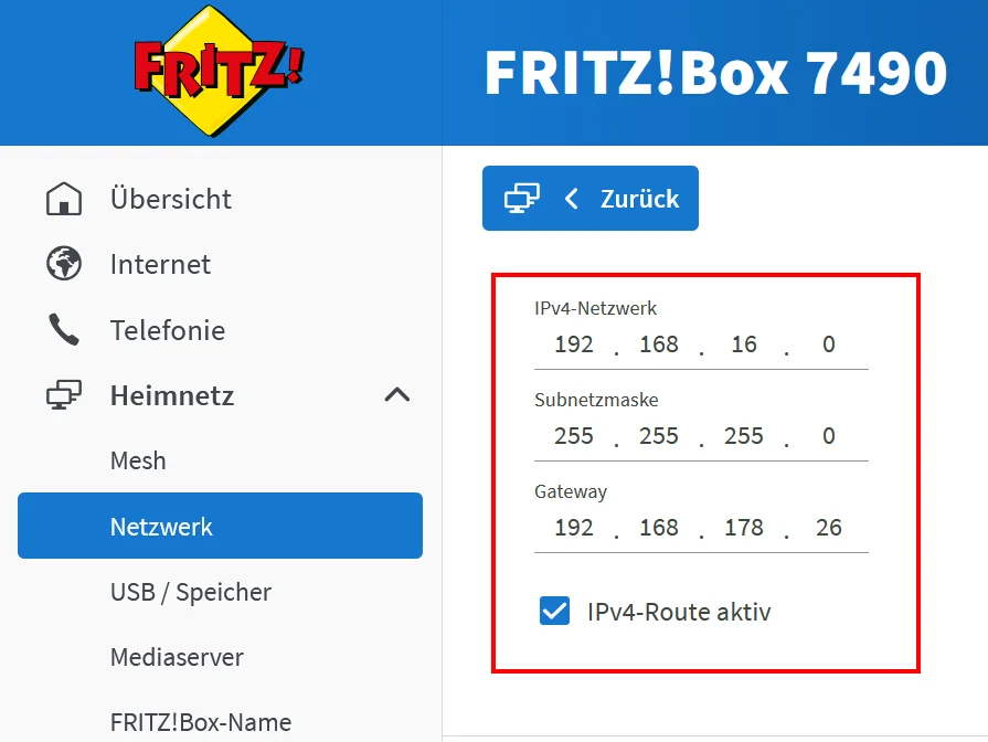 Fritz!Box - Netzwerkeinstellungen - Staische Route